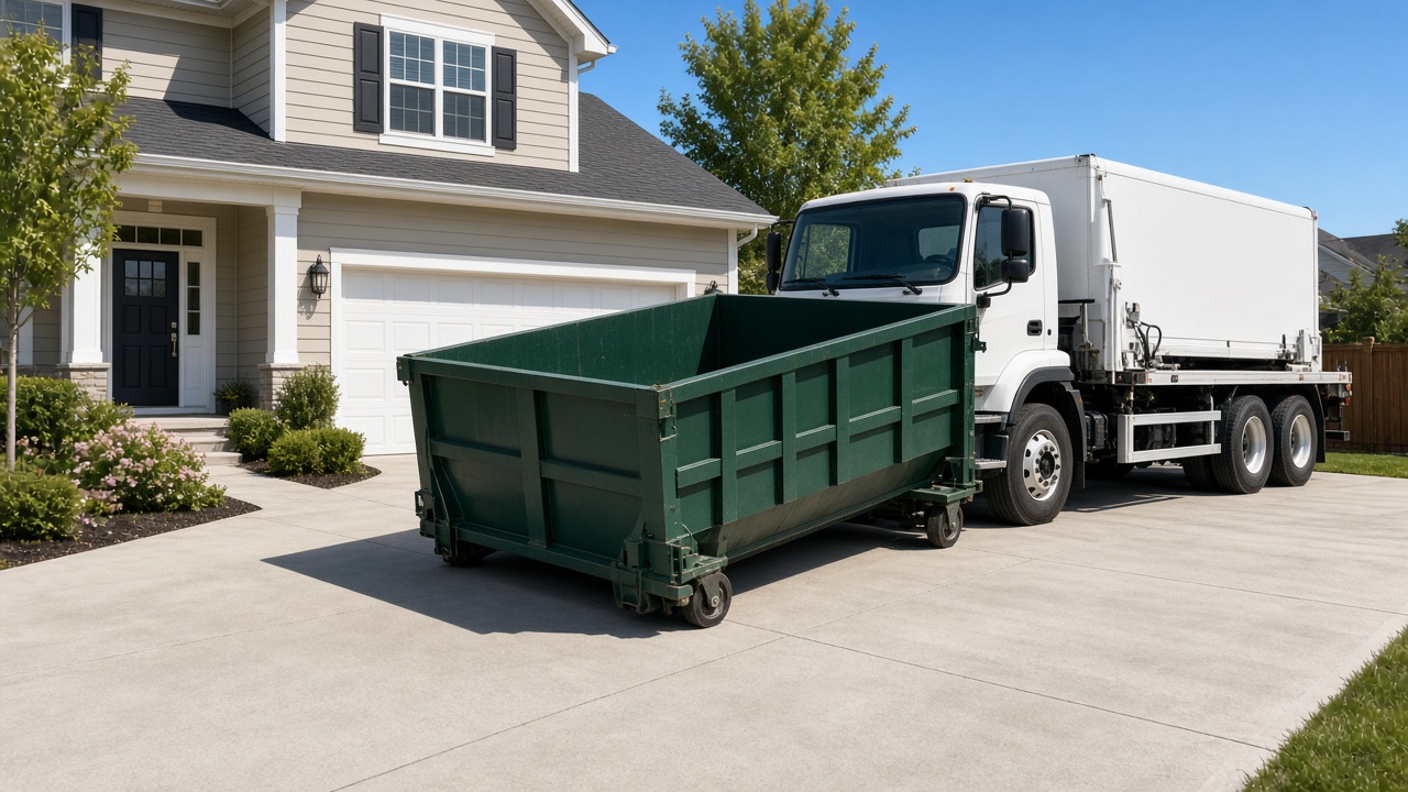Roll-off dumpster by a driveway